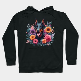 A doberman with beautiful colorful flowers Hoodie